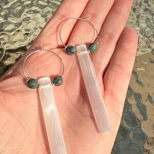 Handcrafted Kambaba Jasper & Selenite Sterling Silver Dangle Hoop Earrings